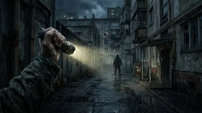 Exploration nocturne sous la pluie dans le jeu Iron Blight avec une lampe torche dans une ville en ruines.