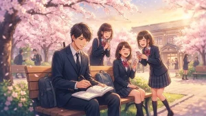Illustration colorée de lycéennes dans Koikata How Our Love Grows au cœur de l académie.