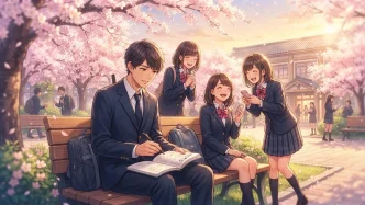 Illustration colorée de lycéennes dans Koikata How Our Love Grows au cœur de l académie.