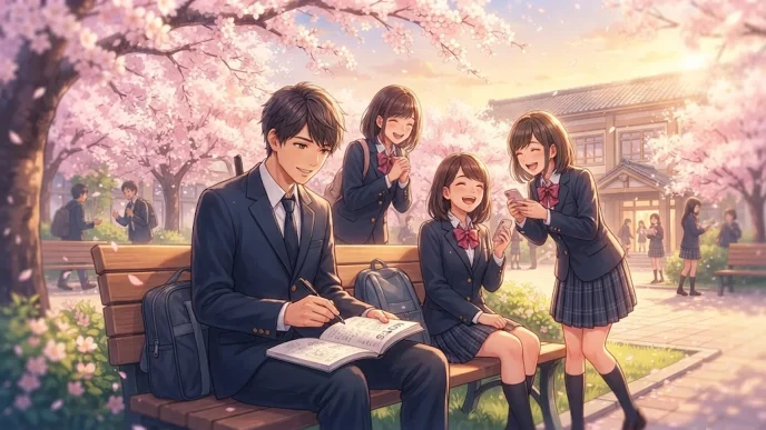 Illustration colorée de lycéennes dans Koikata How Our Love Grows au cœur de l académie.