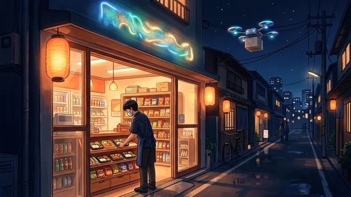 Façade éclairée d'une épicerie japonaise la nuit illustrant le jeu de gestion Night Rolls Cozy Store.