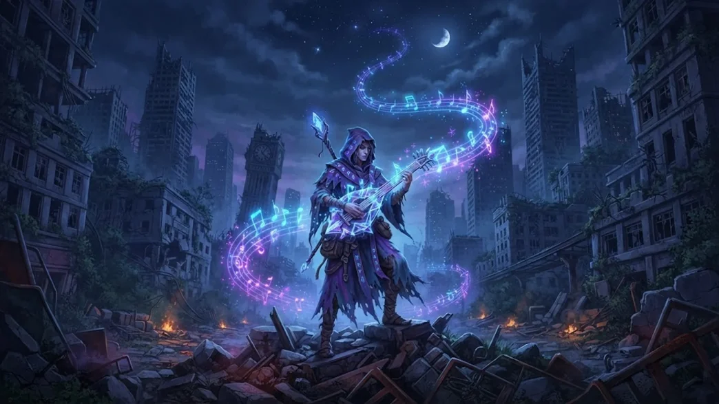 Un personnage jouant de la musique dans les ruines pour le RPG Nocturne sur PC.