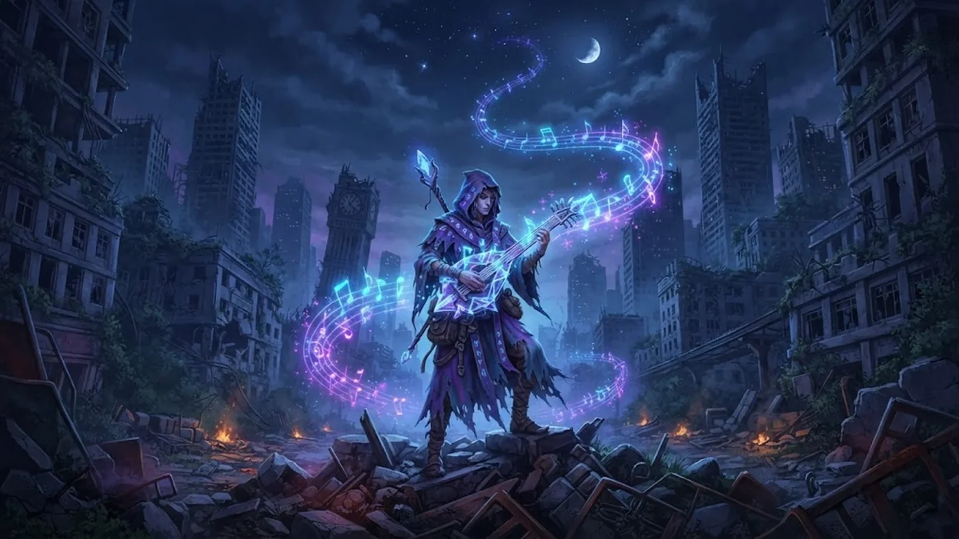 Un personnage jouant de la musique dans les ruines pour le RPG Nocturne sur PC.