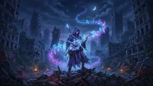 Un personnage jouant de la musique dans les ruines pour le RPG Nocturne sur PC.