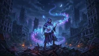 Un personnage jouant de la musique dans les ruines pour le RPG Nocturne sur PC.