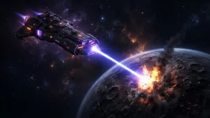 Un vaisseau spatial bombardant une planète pour illustrer le test du jeu Planet Killer sur PC.