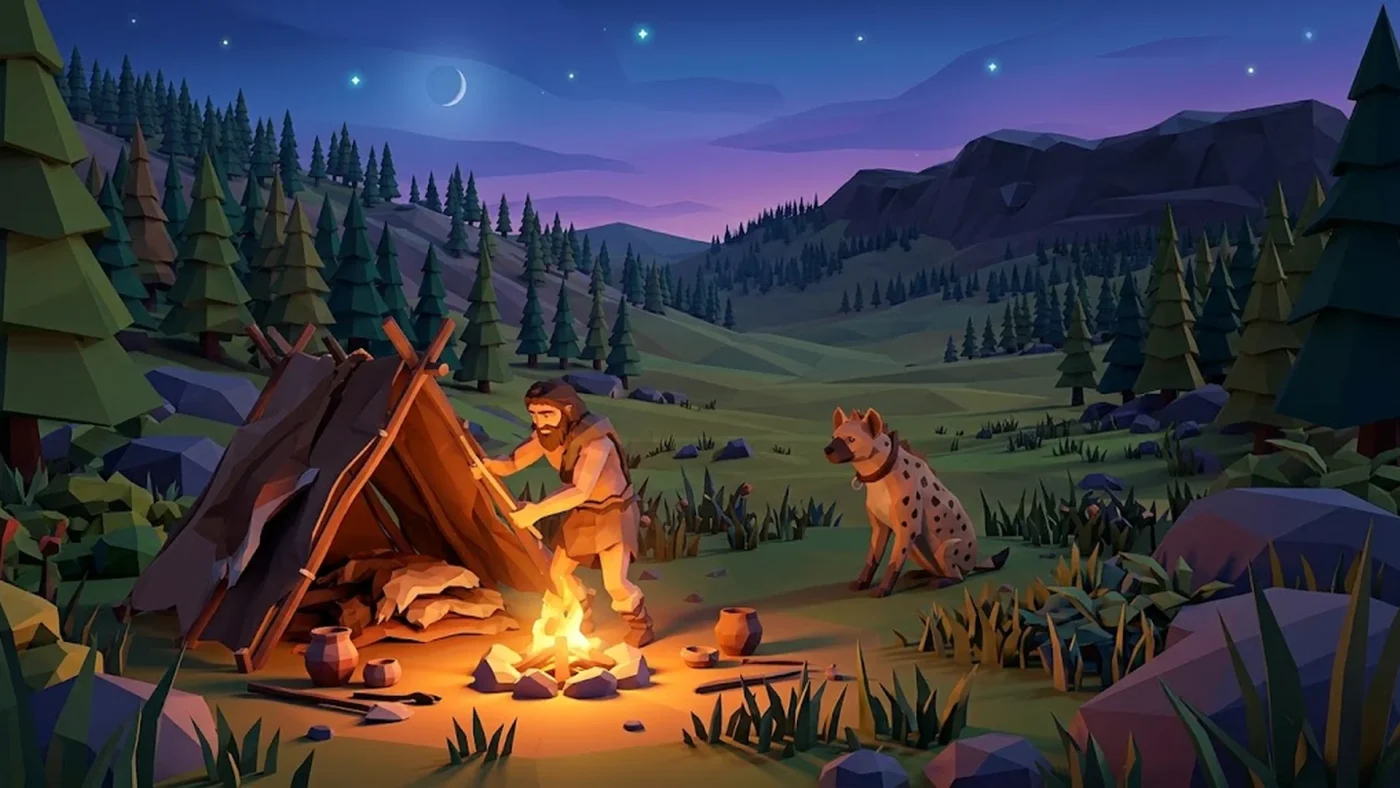 Survie et gestion de tribu en graphismes low poly dans le jeu vidéo indépendant Polylithic sur PC.