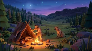 Survie et gestion de tribu en graphismes low poly dans le jeu vidéo indépendant Polylithic sur PC.