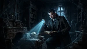 Un détective avec une loupe dans une maison hantée pour illustrer le test de Rehaunted sur PC.