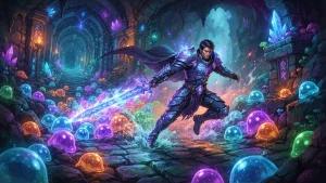 Un heros combattant des slimes lumineux pour illustrer Slime Slayer: Endless Loot sur PC.