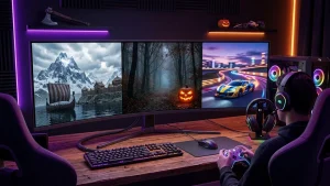 Écran de joueur illustrant les sorties jeux vidéo septembre avec univers viking, horreur et course automobile.