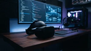 Casque de réalité virtuelle sans fil Steam Frame de Valve posé sur un bureau high-tech dans une ambiance lumineuse bleutée.