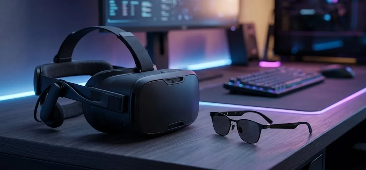 Rendu 3D opposant le design du casque autonome Steam Frame aux futures lunettes allégées de réalité virtuelle.
