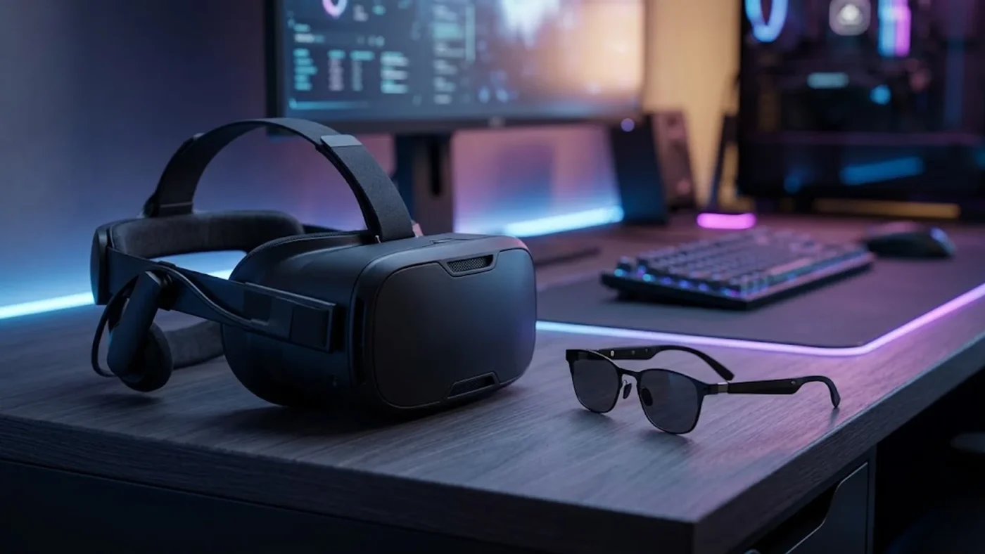 Rendu 3D opposant le design du casque autonome Steam Frame aux futures lunettes allégées de réalité virtuelle.