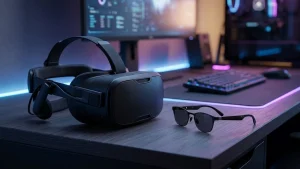 Rendu 3D opposant le design du casque autonome Steam Frame aux futures lunettes allégées de réalité virtuelle.