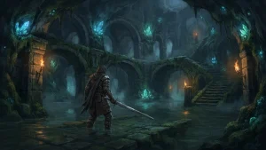 Un aventurier explorant un donjon souterrain pour illustrer Sunken Realms sur PC.