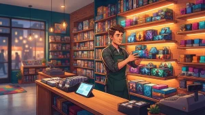Un commerçant organisant des boîtes de cartes pour illustrer le test et les avis du jeu TCG Card Shop Simulator sur PC.