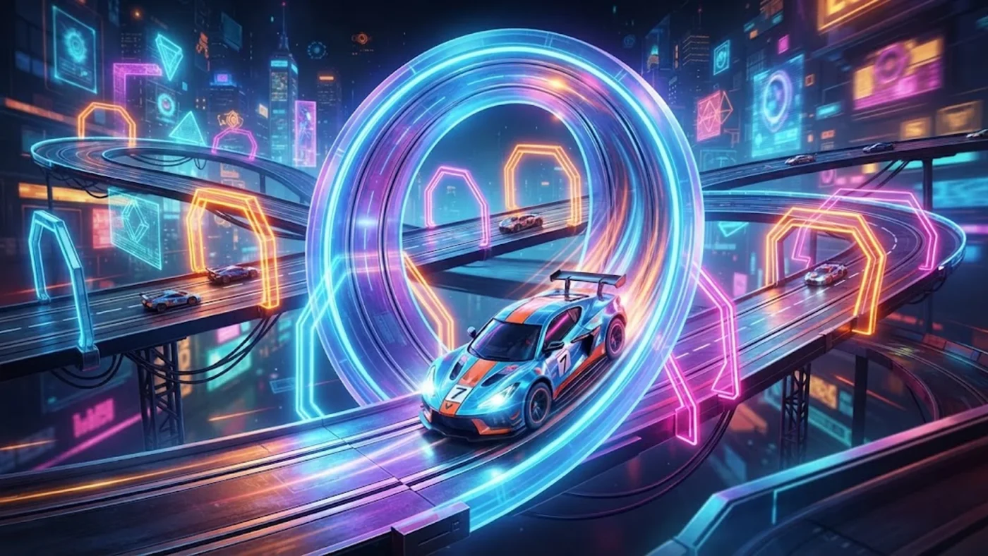 Une petite voiture de circuit électrique sur une piste pour illustrer le test et les avis du jeu The Loopler sur PC.