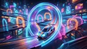 Une petite voiture de circuit électrique sur une piste pour illustrer le test et les avis du jeu The Loopler sur PC.