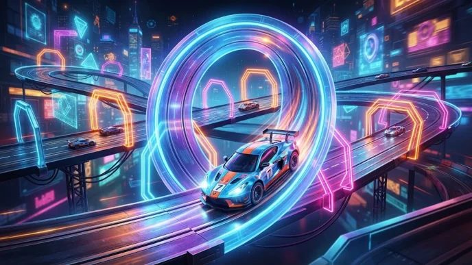 Une petite voiture de circuit électrique sur une piste pour illustrer le test et les avis du jeu The Loopler sur PC.