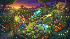 Illustration du jeu The Rabbit Haul montrant un lapin défendant son potager contre des ratons laveurs.