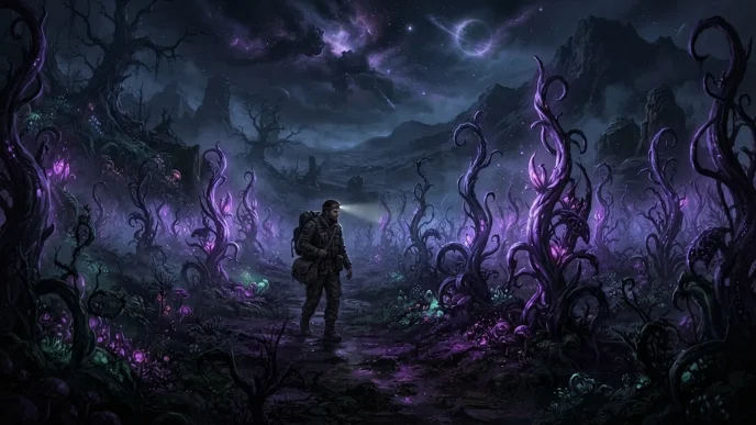 Un fermier dans un champ étrange pour illustrer le test et les avis du jeu Welcome to Elderfield sur PC.