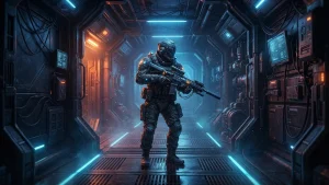 Un joueur équipé d un fusil dans un décor de jeu de tir First-Person Shooter sur PC et consoles.