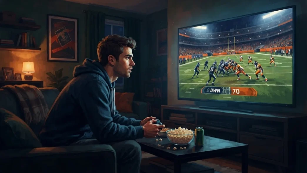 Un joueur consulte les menus de Madden NFL 26 sur grand écran dans son salon pour configurer ses matchs.