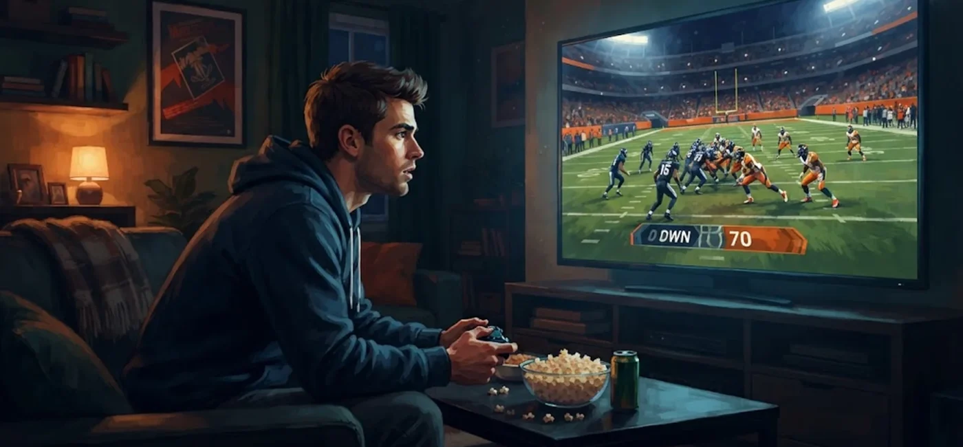 Un joueur consulte les menus de Madden NFL 26 sur grand écran dans son salon pour configurer ses matchs.