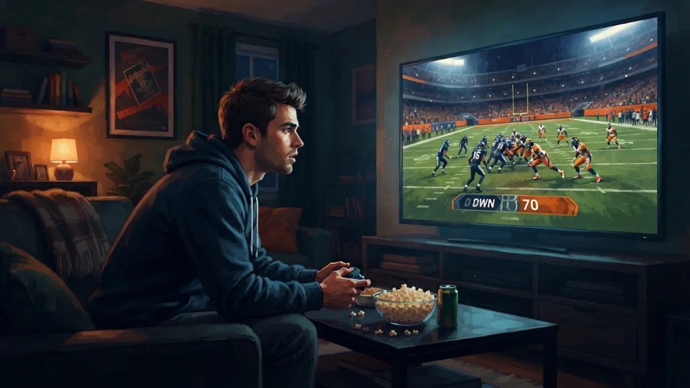 Un joueur consulte les menus de Madden NFL 26 sur grand écran dans son salon pour configurer ses matchs.