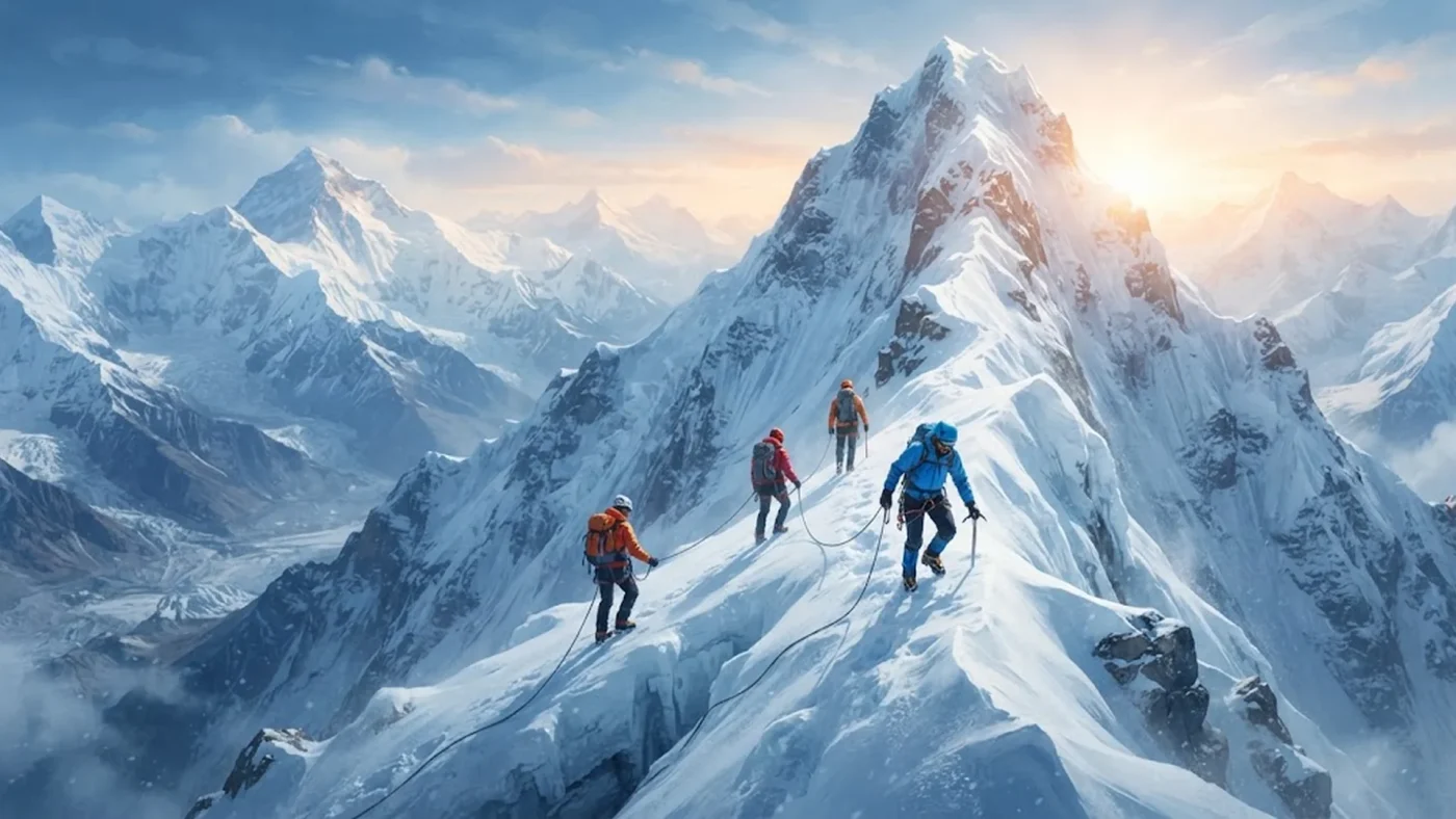 Des joueurs escaladent une montagne dans le jeu Peak sur PC et en cross platform sur consoles.